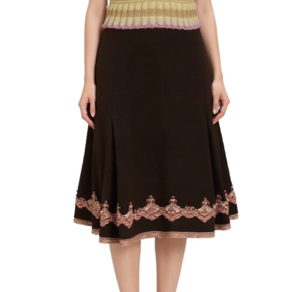 Express Brown Wool A-Line Midi Skirt with Blush Pink Lace Detailing Size 6